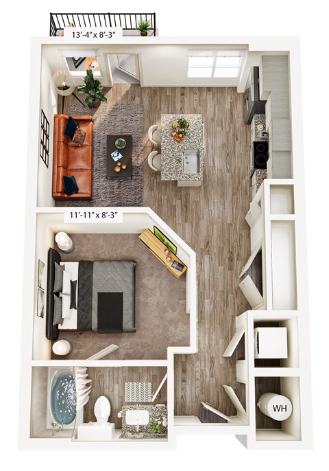 A top-down view of a small apartment with a living room, kitchen, and bathroom.